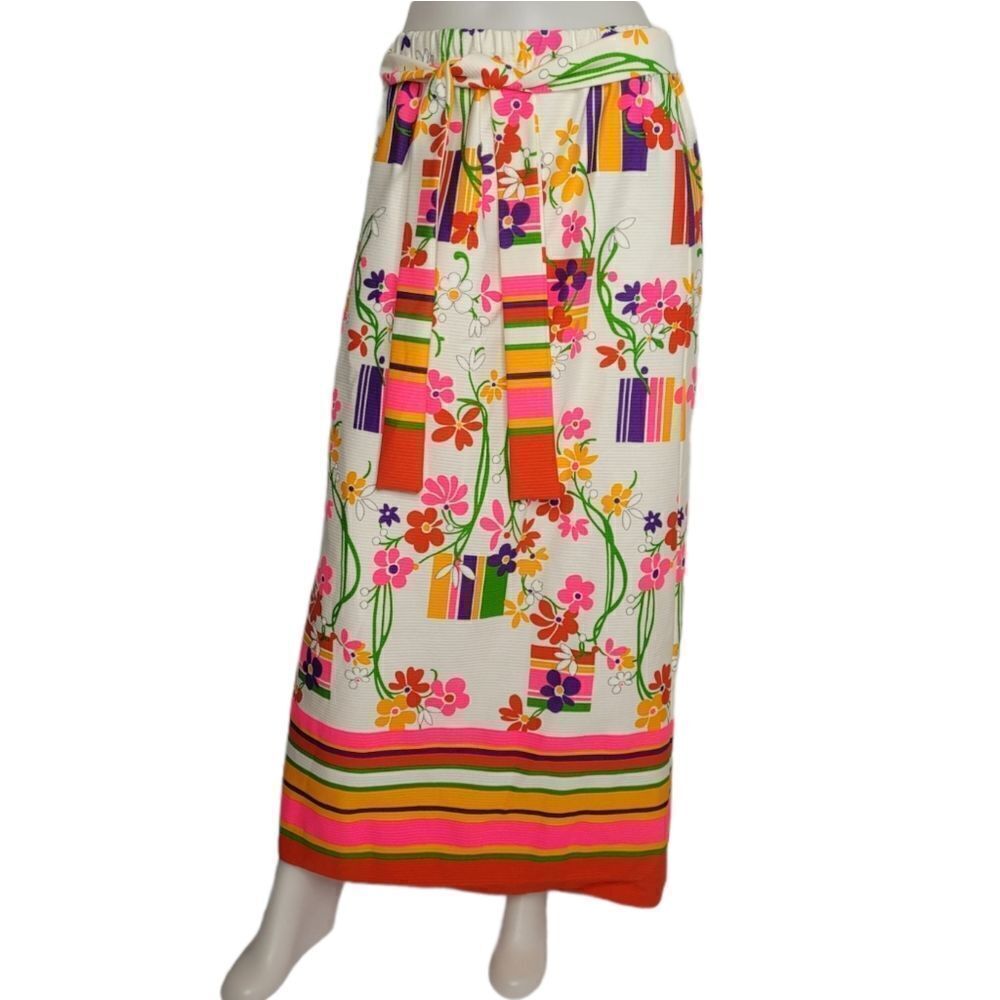 VINTAGE 70s skirt flower‎ power belted maxi floral neon M